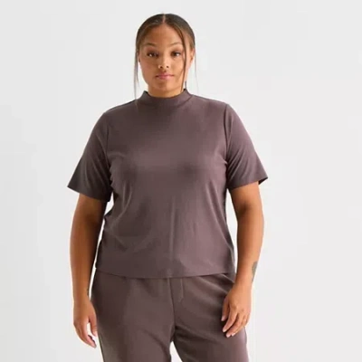 Stylus Womens Plus Mock Neck Short Sleeve T-shirt In Purple