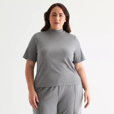 Stylus Womens Plus Mock Neck Short Sleeve T-shirt In Gray