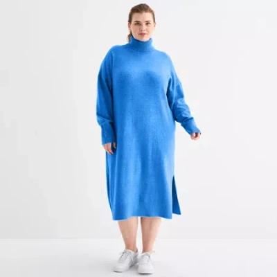 Stylus Womens Plus Long Sleeve Midi Sweater Dress In Blue