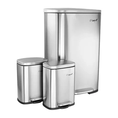 Elama 3 Piece 13 Gallon And 1.3 Gallon Stainless Steel Step Trash Bin Combo Set With Slow Close Mechanism In Silver