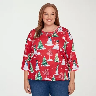 Alfred Dunner Classics Womens Plus Crew Neck 3/4 Sleeve T-shirt In Red