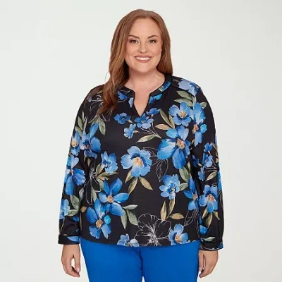 Alfred Dunner Barcelona Womens Plus Split Crew Neck Long Sleeve T-shirt In Multi