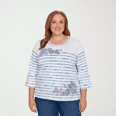 Alfred Dunner Women's Hilton Head Applique Flower Tie Dye Stripe Knit Top In Multi