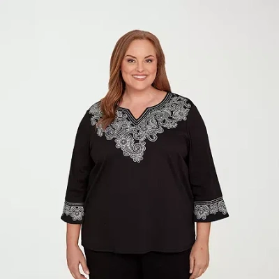 Alfred Dunner Barcelona Womens Plus Split Crew Neck 3/4 Sleeve T-shirt In Black