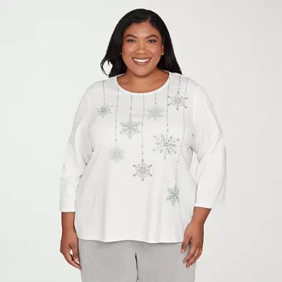 Alfred Dunner Stockbridge Womens Plus Crew Neck 3/4 Sleeve T-shirt In White