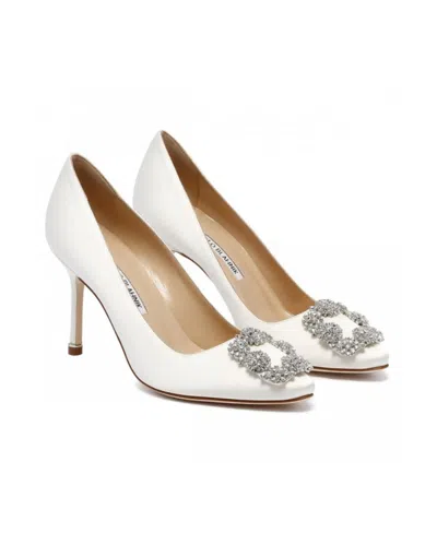 Manolo Blahnik Hangisi Embellished Buckle Pumps In White