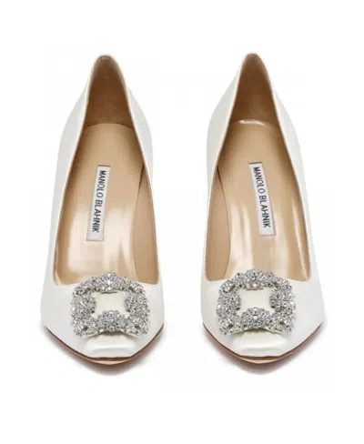Manolo Blahnik Hangisi Embellished Buckle Pumps In White