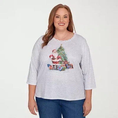Alfred Dunner Plus Size Classic Santa And Tree Print Crew Neck Top In Gray