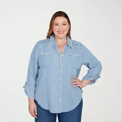 Alfred Dunner Plus Size Hilton Head Blanket Stitch Trim Button-front Top In Blue