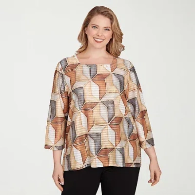 Alfred Dunner Classics Womens Plus Crew Neck 3/4 Sleeve T-shirt In Sand