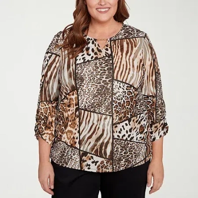 Alfred Dunner Plus Size Classic Puff Print Animal Colorblock Keyhole Neck Top In Multi