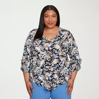 Alfred Dunner Plus Size As Usual Tie Sleeve Brushstroke Floral Knit Top In Multi