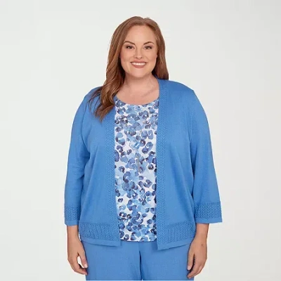 Alfred Dunner Business As Usual Womens Round Neck 3/4 Sleeve Floral Layered Sweater Plus In Blue