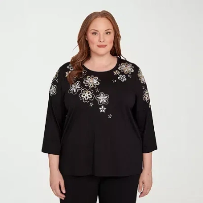 Alfred Dunner Plus Size As Usual Gold Floral Embroidered Three Quarter Sleeve Top In Black