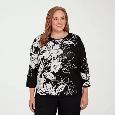 Alfred Dunner Plus Business As Usual Womens Crew Neck Embellished 3/4 Sleeve Floral Pullover Sweater In Black