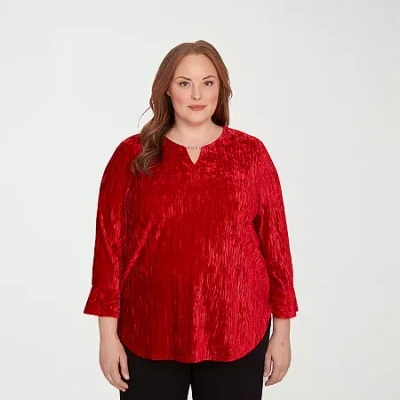 Alfred Dunner Jet Setter Womens Plus Split Crew Neck 3/4 Sleeve Blouse In Red