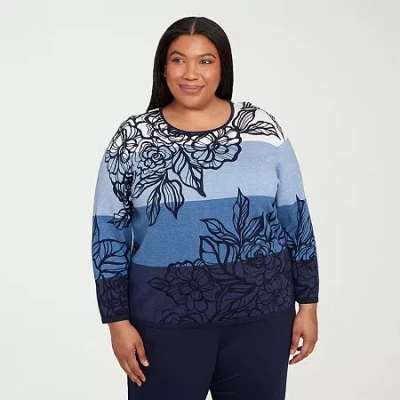 Alfred Dunner Plus Sunset Canyon Womens Crew Neck Long Sleeve Ombre Pullover Sweater In Blue