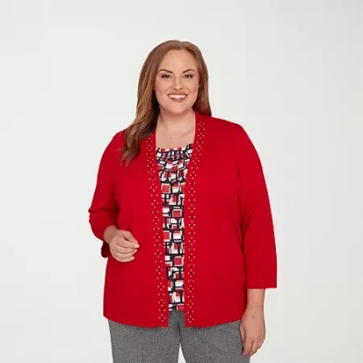 Alfred Dunner Plus Size Jet Setter Geometric Inner Two In One Sweater In Red