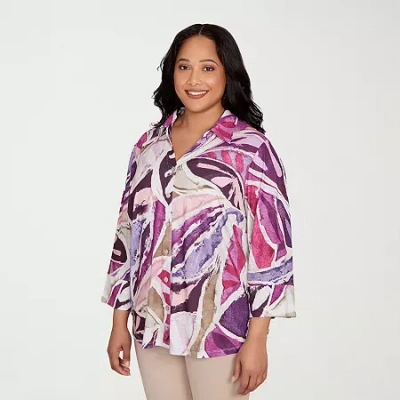 Alfred Dunner Urban Legend Womens Plus 3/4 Sleeve Button-down Shirt In Purple