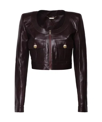Chloé Bordeaux Cropped Jacket With U Neck In Leather Woman In Burgundy