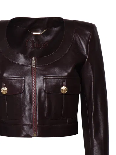 Chloé Bordeaux Cropped Jacket With U Neck In Leather Woman In Burgundy