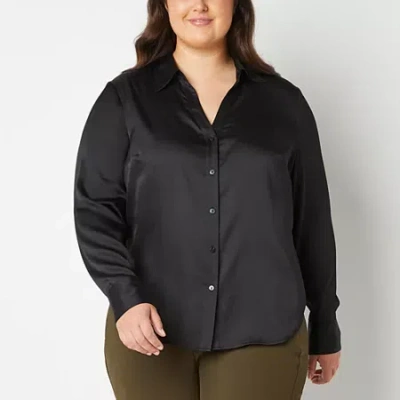Worthington Womens Plus Cuffed Long Sleeve Regular Fit Button-down Shirt In Black