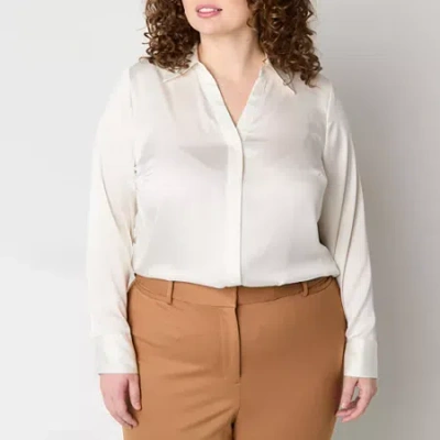 Worthington Womens Plus Long Sleeve Blouse In White