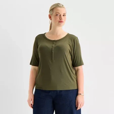 Worthington Womens Plus Elbow Sleeve Regular Fit Henley Shirt In Green