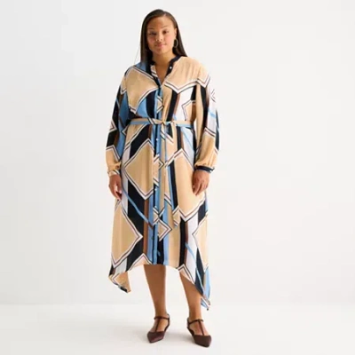 Worthington Womens Plus Long Sleeve Geometric Shirt Dress In Brown