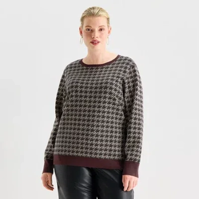 Worthington Plus Womens Crew Neck Long Sleeve Pullover Sweater In Brown