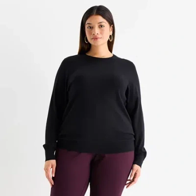 Worthington Plus Womens Crew Neck Long Sleeve Pullover Sweater In Black