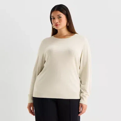 Worthington Plus Womens Crew Neck Long Sleeve Pullover Sweater In White