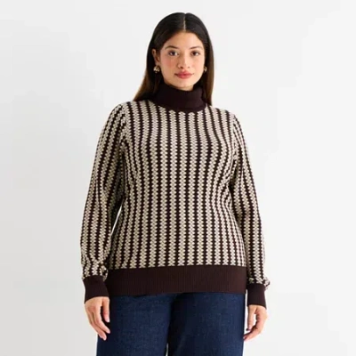 Worthington Plus Womens Turtleneck Long Sleeve Pullover Sweater In Brown
