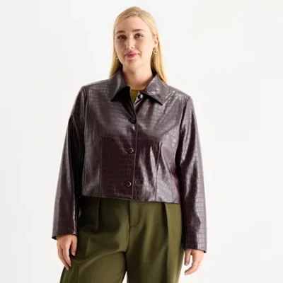 Worthington Womens Plus Faux Leather Lightweight Cropped Jacket In Purple