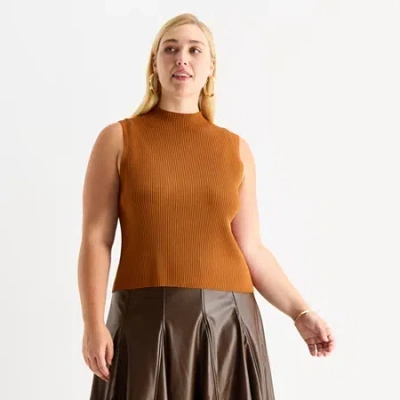 Worthington Plus Womens Mock Neck Sleeveless Pullover Sweater In Brown