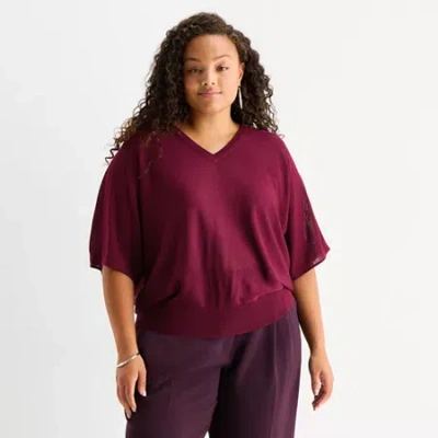 Worthington Plus Womens V Neck Long Sleeve Pullover Sweater In Red