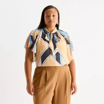 Worthington Womens Plus Split Tie Neck Short Sleeve Blouse In Multi