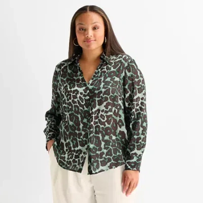 Worthington Womens Plus Long Sleeve Blouse In Green