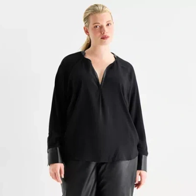 Worthington Womens Plus Split Crew Neck Long Sleeve Blouse In Black