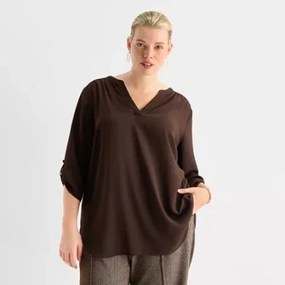 Worthington Womens Plus Split Crew Neck 3/4 Sleeve Blouse In Brown