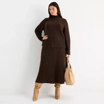 Worthington Womens Plus Midi Flared Skirt In Brown