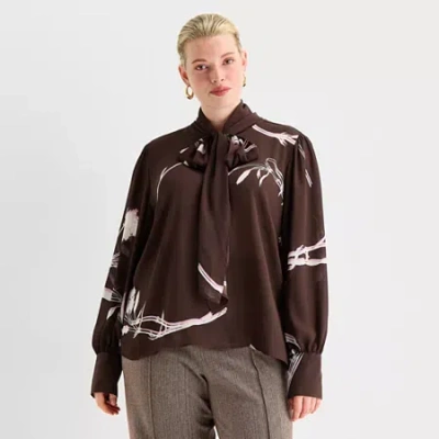 Worthington Womens Plus Split Tie Neck Long Sleeve Blouse In Brown