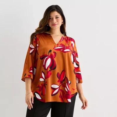 Worthington Womens Plus Split Crew Neck 3/4 Sleeve Blouse In Brown