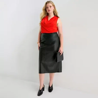 Worthington Womens Plus Midi Faux Leather Pencil Skirt In Black