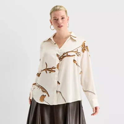 Worthington Womens Plus Long Sleeve Blouse In Sand