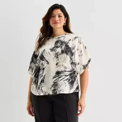 Worthington Womens Round Neck Short Sleeve Satin Blouse In White