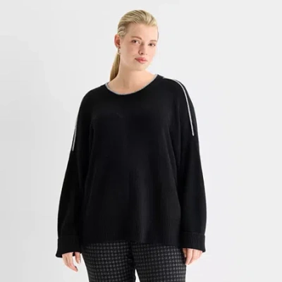 Worthington Plus Womens Crew Neck Long Sleeve Pullover Sweater In Black