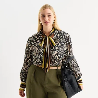 Worthington Womens Plus Split Tie Neck Long Sleeve Blouse In Black