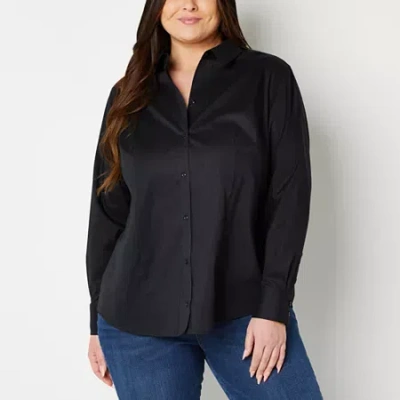Liz Claiborne Womens Plus Long Sleeve Regular Fit Stretch Fabric Wrinkle Free Poplin Button-down Shirt In Black