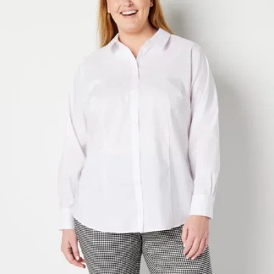 Liz Claiborne Womens Plus Long Sleeve Regular Fit Stretch Fabric Wrinkle Free Poplin Button-down Shirt In White